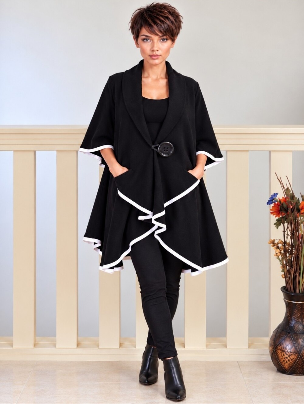 Black Quiet Luxury Cape | White Trim | Draped Statement Outerwear | 2 Pockets